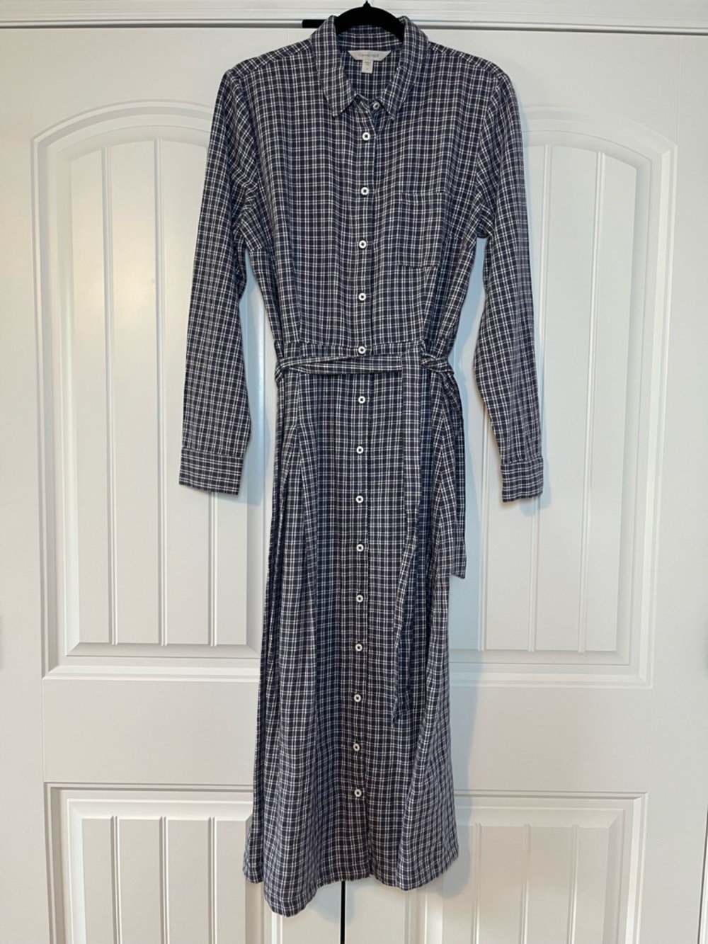 Garnet Hill Plaid Long Sleeve Midi Dress Size 12 Organic Cotton Blue White